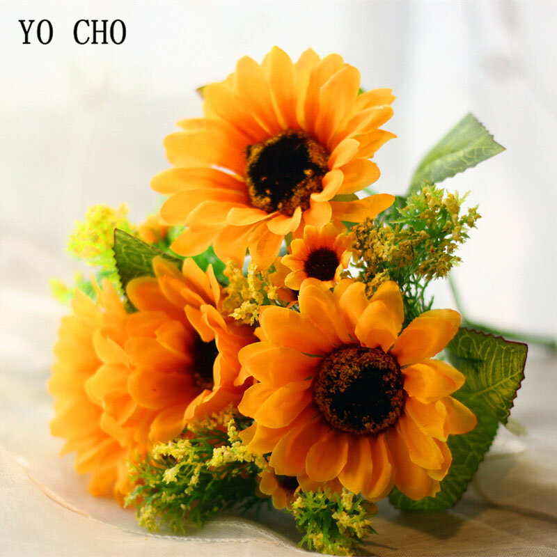 YO CHO 웨딩 부케 신부 들러리 꽃을 들고 인공 실크 해바라기 아기의 숨결 부케 DIY 홈 파티 파티 용품