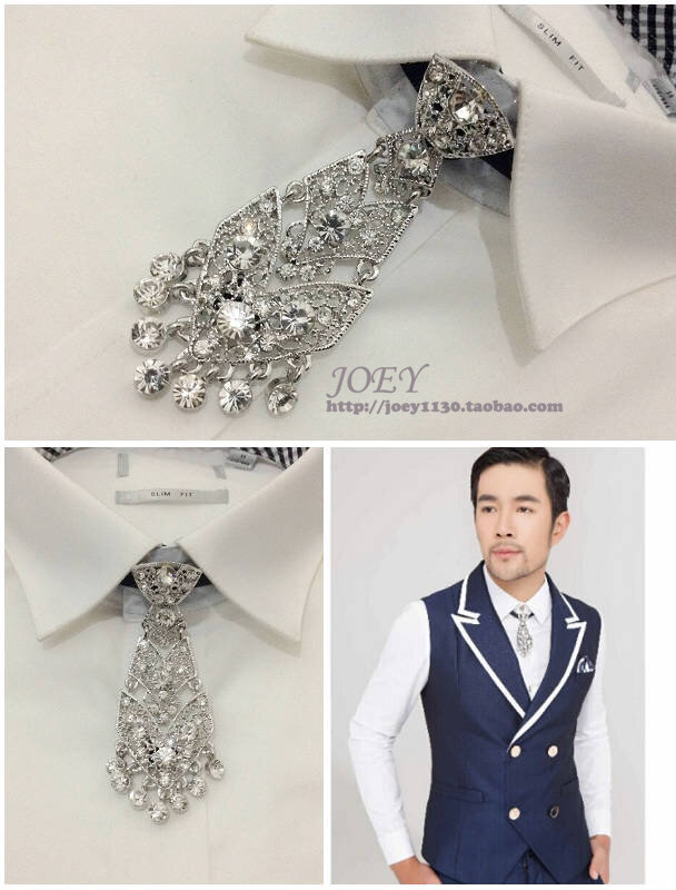 New Free Shipping fashion male men's All-match full metal drill silver tassel groom bow tie dinner party Poirot annual Headdress