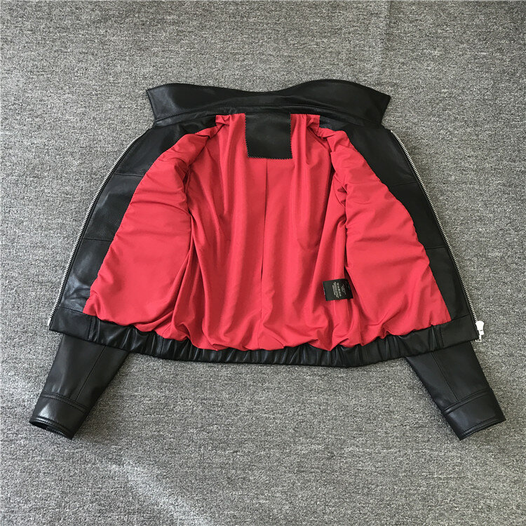 Abrigo corto de piel de oveja con bolsillos para mujer, chaqueta de moto y bliker de alta calidad, G106
