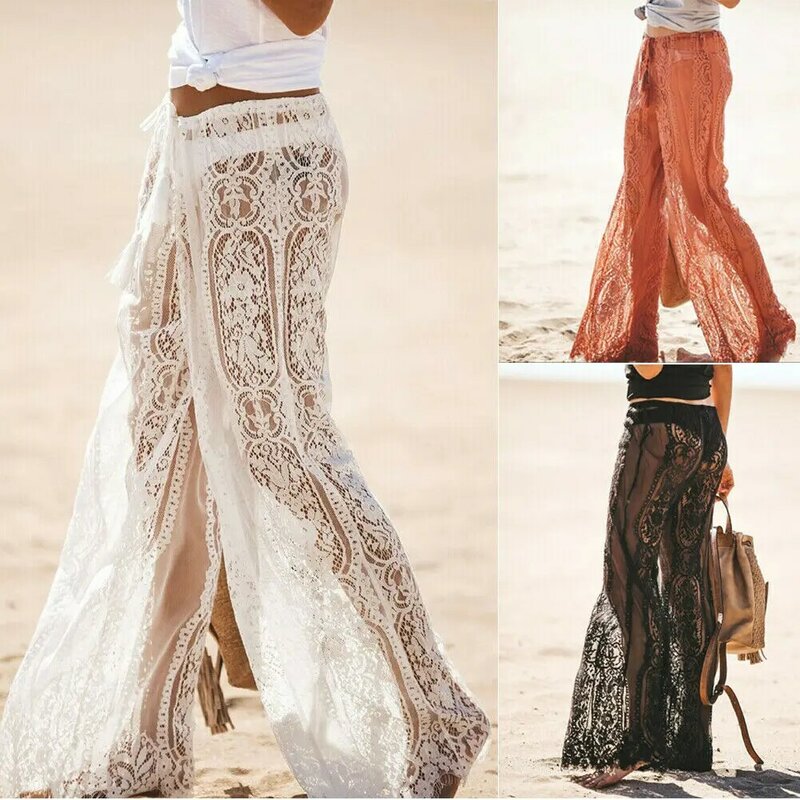 Summer Sexy Women's Sheer Floral Lace Wide Leg Pants Ladies Flares Loose Dance Pants Mid Wide Long Beach Trousers