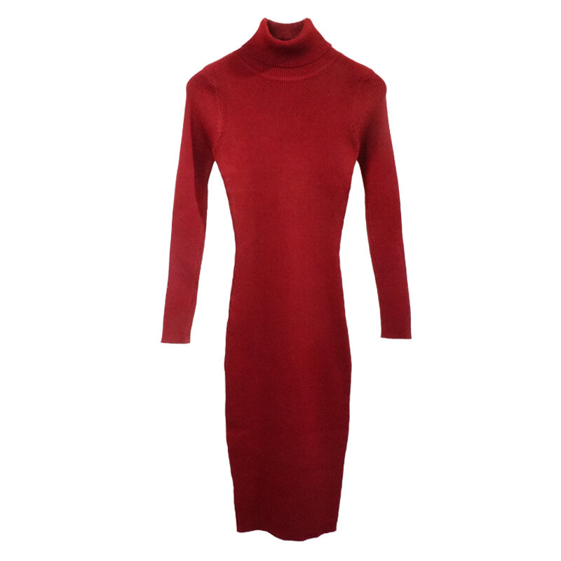 Nowa jesienno-zimowa damska dzianinowa sukienka z golfem sukienki swetrowe Lady wąska obcisła z długim rękawem wydłużana sukienka Vestidos PP003