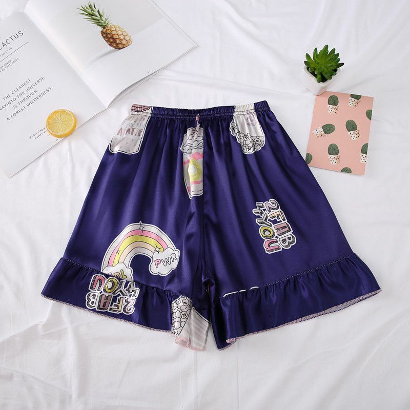 Mujeres verano sección delgada cintura elástica suelta Casual lindo estampado de dibujos animados Anti-luz seda pijama cómodos pantalones cortos de dormir M-XL ¡!