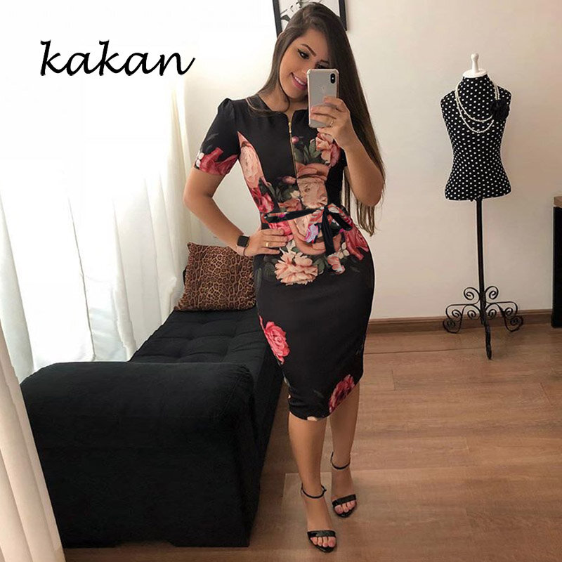 Kakan 2019 jesień nowych kobiet duży rozmiar sukienka z krótkim rękawem na zamek błyskawiczny druk cyfrowy sukienka