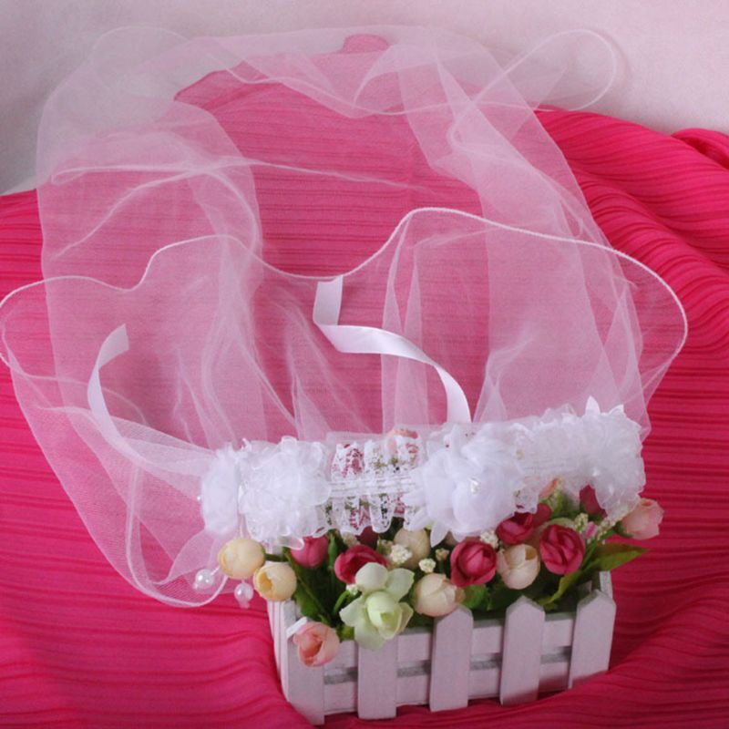 Ikat Rambut Anak-anak Putri Kecil Satu Lapisan Kerudung Pengantin Kain Tule Karangan Bunga Karangan Bunga Pesta Pernikahan Rumbai Manik-manik Warna Solid