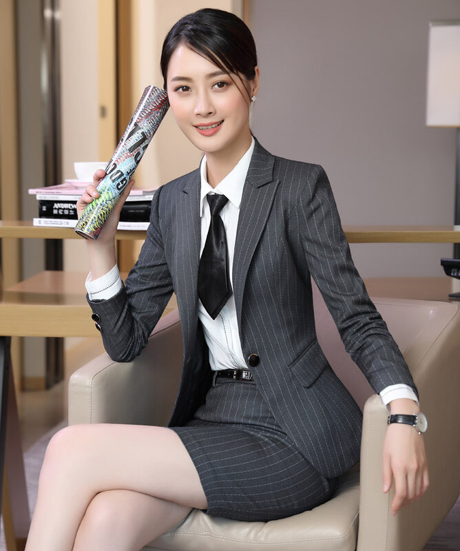 Terno profissional de manga longa listrado, novo traje feminino slim para escritório profissional de entrevista