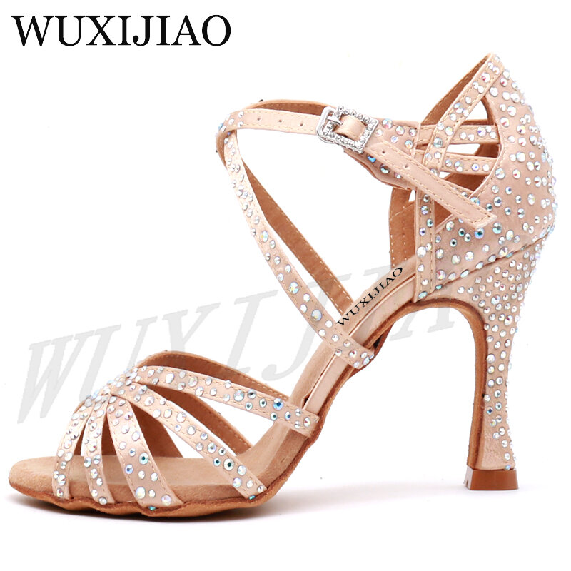 WUXIJIAO-zapatos de baile de fiesta para mujer, calzado de satén brillante con diamantes de imitación, fondo suave, para baile latino, Salsa, heel5CM-10CM