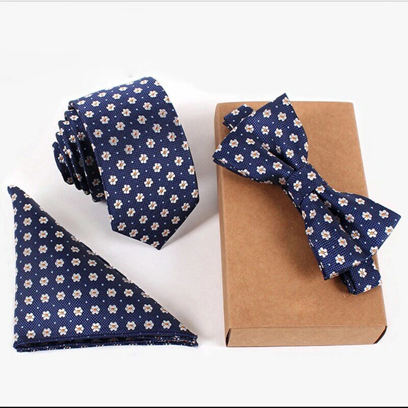 RBOCOTT Tie zestawy męskie wąski krawat Dot kwiatowe krawaty Hanky Bowtie 6cm niebieski krawat kieszonkowy plac muszki dla mężczyzn wesele bez pudełka