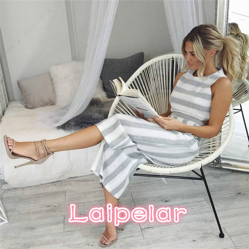 New Fashion Women Striped Print Jumpsuit Calf-length Pants Romper Elegant Lady Playsuit Laipelar