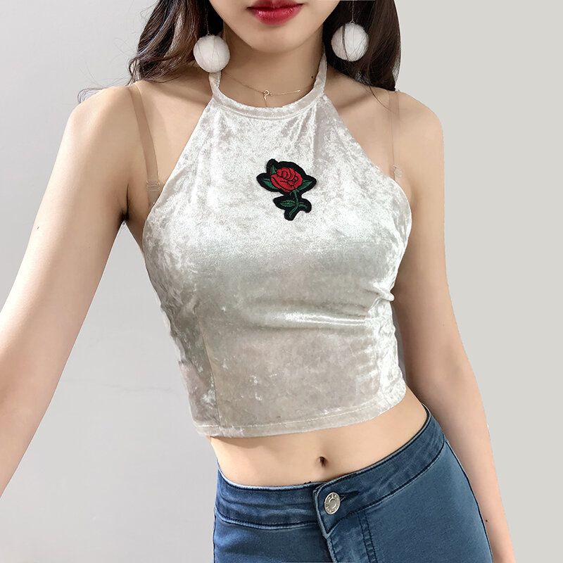 Ensemble Sexy 2 pièces en velours brodé de roses, 4 couleurs, débardeur licou, avec culotte courte, nouvelle collection 2018