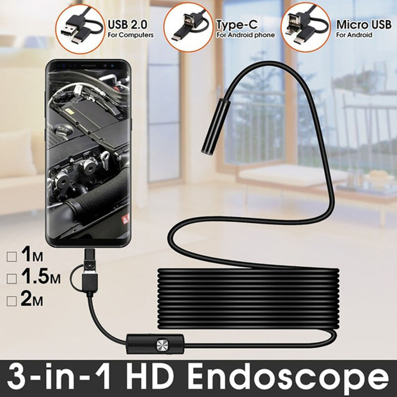 Câmera de boroscópio, endoscópio com lente de 7mm e 2m, flexível, 2m, 1m, 5.5mm, tipo c para smartphone, android, pc e mac
