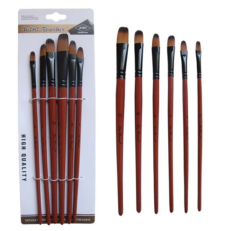 Nylon Hair Oil Paint Brush Round Filbert Angel Flat Acrylic Learning Diy Watercolor Pen for Artists Painters Beginners, 6Pcs/set