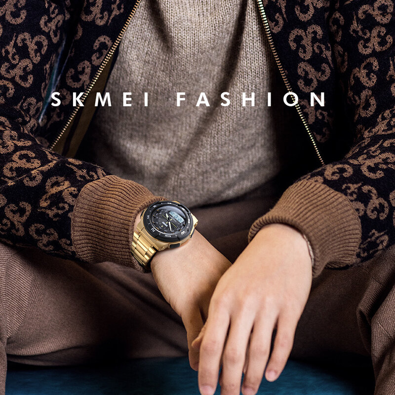 SKMEI-Relojes con correa de acero inoxidable para hombre, pulsera de moda con cronómetro, cronógrafo y función impermeable, con modelos deportivos