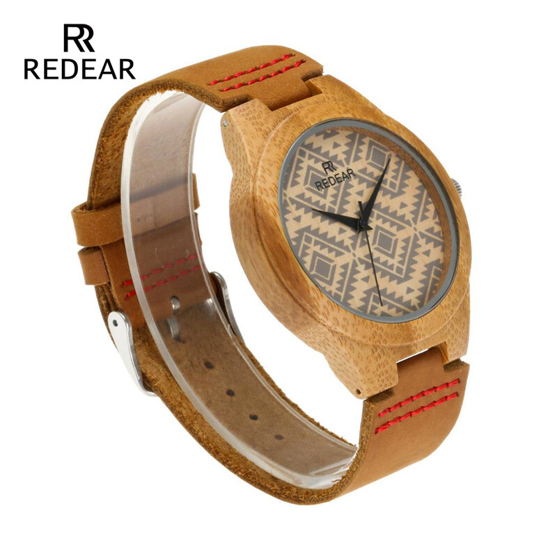 Redear frete grátis amante relógios de bambu retro linhas onduladas especiais relógio feminino pulseira de couro real presentes aniversário