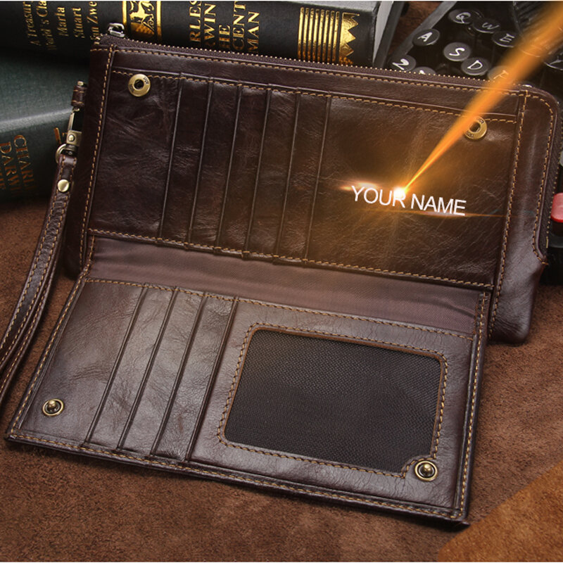 Portefeuille de marque en cuir véritable pour hommes, pochette pour téléphone portable, porte-monnaie avec gravure gratuite, 2022