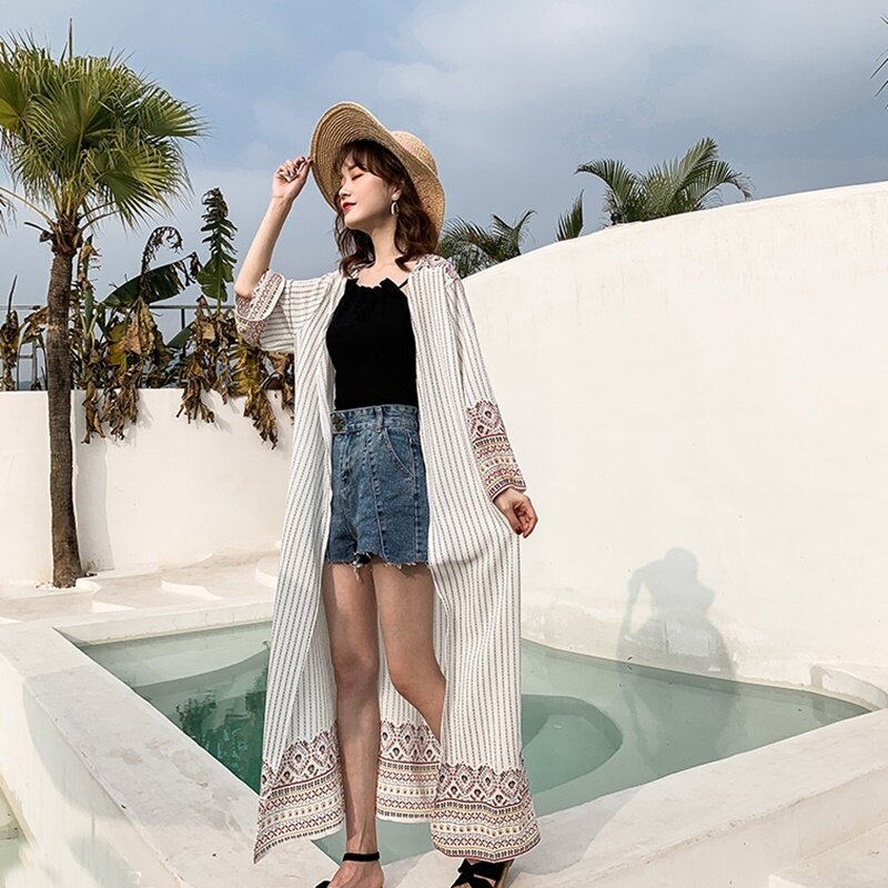 Kimono Cardigan Womens Tops And Blouses Beach Sunnscreen Boho Chic Mexican Women Tops Summer 2019 Long Shirt Female White DD2196