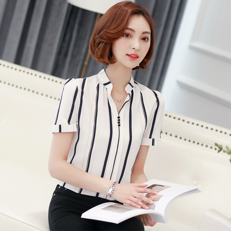 Short-sleeved Chiffon Blouse Women Summer V-collar Loose Fashionable Printed Bottom Shirt Office Ladies Work Top Clothing H9023