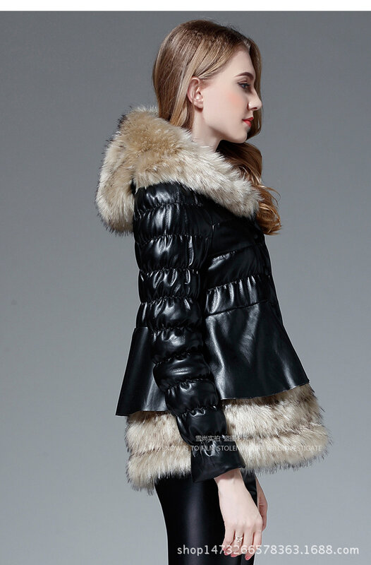 Inverno moda feminina casaco de pele do falso retalhos plutônio jaqueta de couro com capuz guaxinim pele do cão mais grosso falso outwear l1723