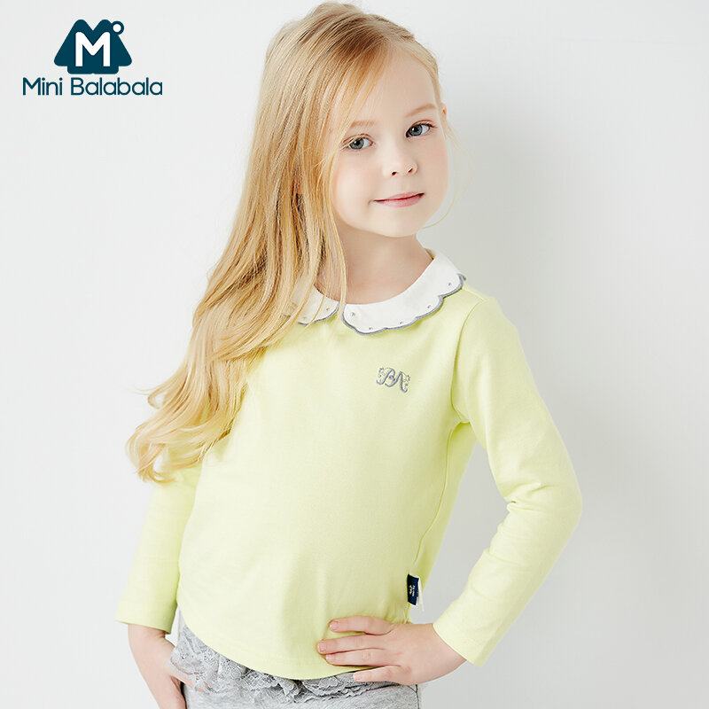 Mini Balabala Kids Cotton T-shirt Long Sleeve Shirt Top Children Toddler Girls Spring Autumn Shirt Tees with Peter Pan Collar