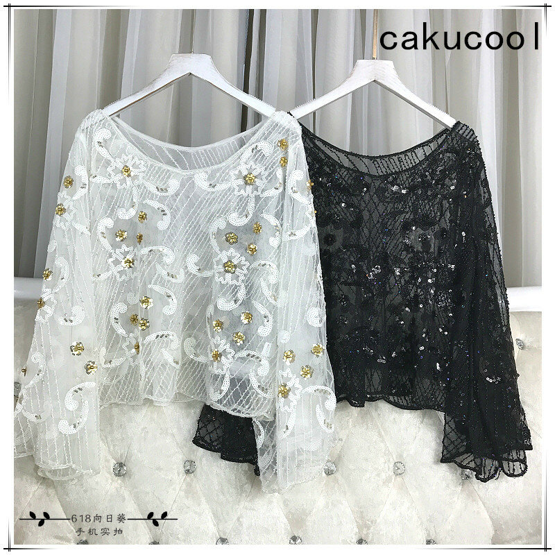 Cakucool-여성 구슬 블라우스 셔츠, 긴 플레어 소매 시스루 섹시한 블라우스, 스팽글 여름 파티 휴가 블라우스 셔츠