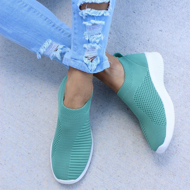 Women Knitted Vulcanized Fashion Sneakers Flat Shoes Slip On Sock Air Mesh Sneakers Flat Casual Breathable Lightweight Shoes