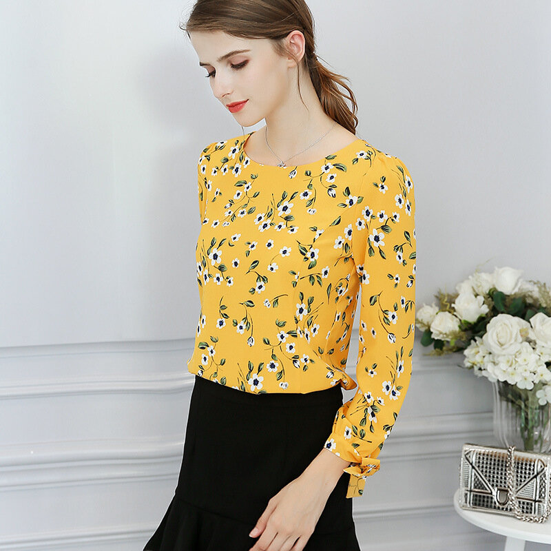 New Korean Women Chiffon Shirt Long-sleeved Round Collar Print Fashion Casual Blouse Female Spring Summer Top Clothing H9074