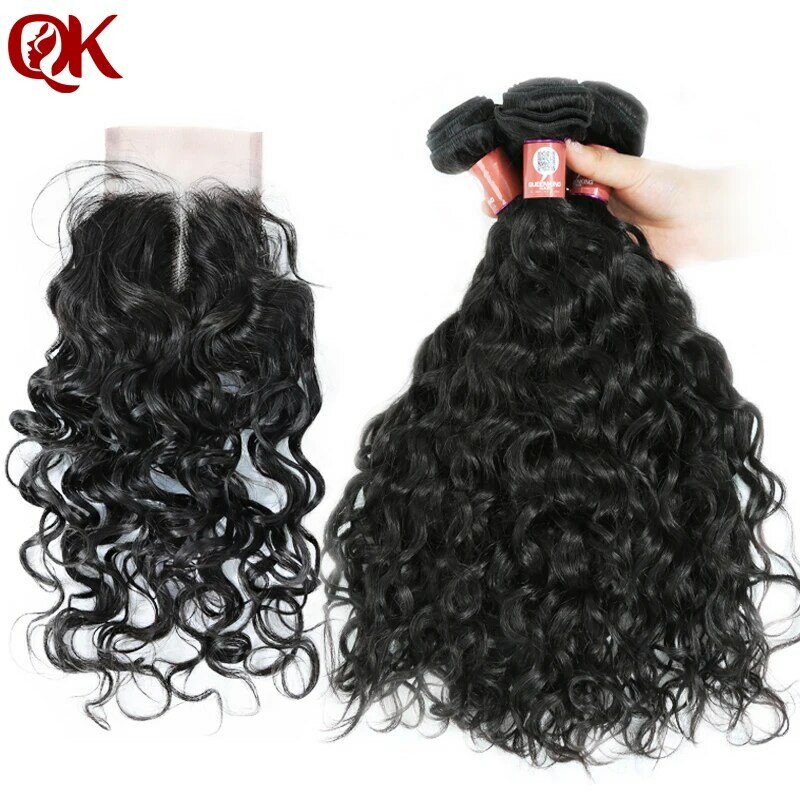 QueenKing Hair Brazilian Water Wave Human Hair Weaves 4 bundles with Closure Remy Hair Extension Middle part 3.5x4 Lace Closure