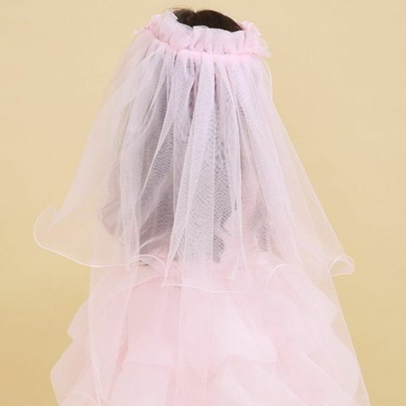 Ikat Rambut Anak-anak Putri Kecil Satu Lapisan Kerudung Pengantin Kain Tule Karangan Bunga Karangan Bunga Pesta Pernikahan Rumbai Manik-manik Warna Solid