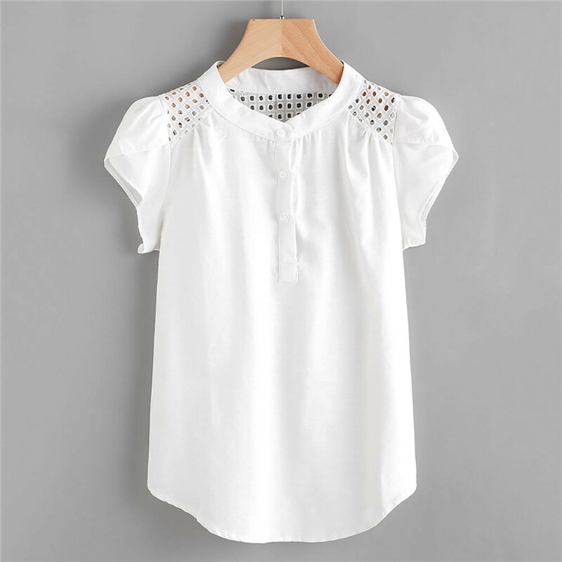Blusa feminina com decote em O, camisa branca, manga curta borboleta, tops casuais, tops e blusas femininas