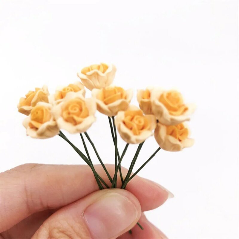 10 Pcs 1/12 Dollhouse Miniature อุปกรณ์เสริม Mini สีเหลืองจีน Rose ดอกไม้จำลองของเล่นสำหรับตุ๊กตา House ตกแต่ง