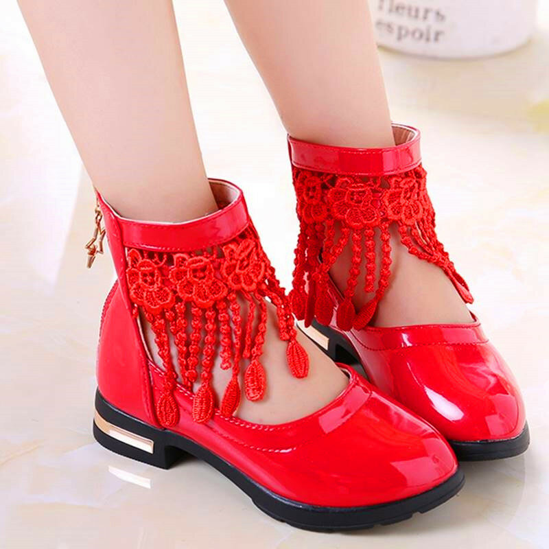 Kids Shoes for Girl Leather Shoes Tassel Lace Princess High heels New Children Dancing Shoes Black White Pink Size 27-37 Fashion