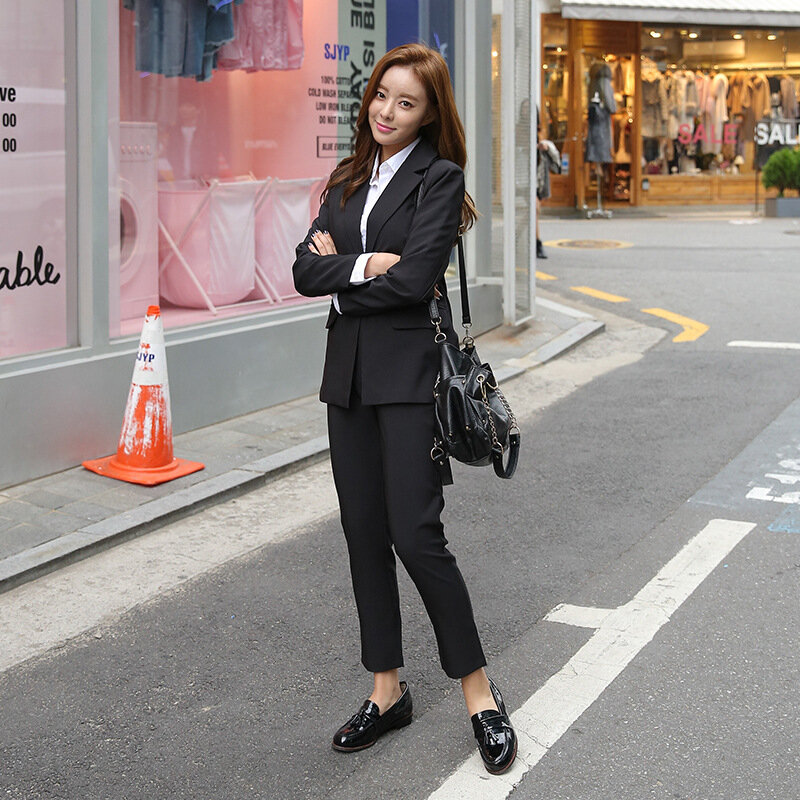 Ternos femininos de duas peças, outono, blazer sólido preto + calça lápis, escritório, jaqueta entalhada, roupa feminina
