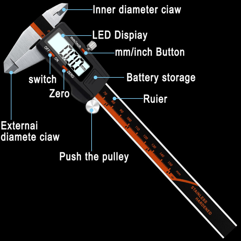 Calibrador digital electrónico de acero inoxidable, herramienta de medición, Micrómetro de Metal, 6 pulgadas, 0-150mm