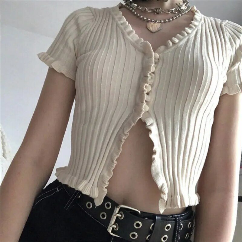 2019 sommer Frauen Harajuku Gestrickte Kurzen Rüschen Sleeve Shirt Crop Top Sexy Straße Tragen Femme Kurzarm Lustige T Hemd