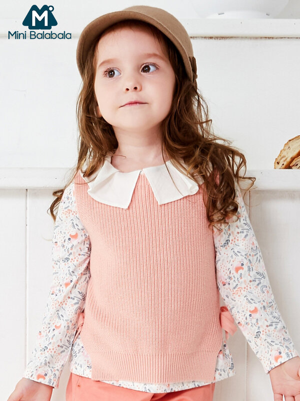 Mini Balabala Kids Girls Fine Knit Long Vest with Slits & Bow Tie Tops Sleeveless Children Toddler Girls Autumn Clothes Clothing