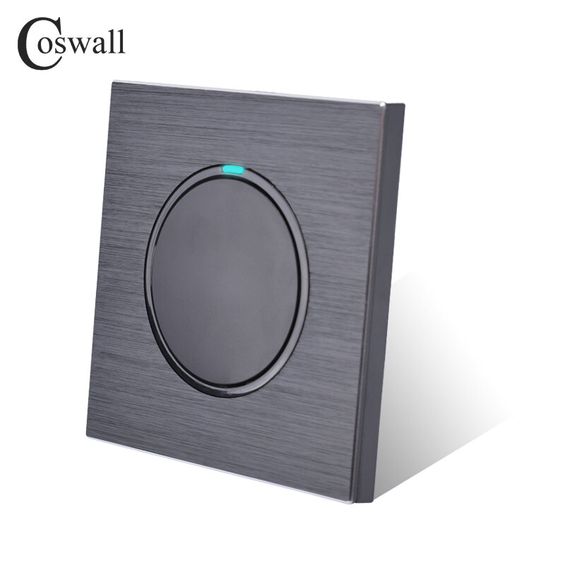 Coswall 1 Gang 1 Way Random Click On / Off Wall Light Switch With LED Indicator Black / Silver Grey Brushed Aluminum Metal Panel