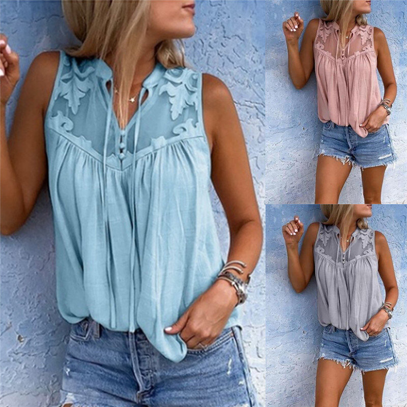 Women Blouse Tops Casual Loose Short Sleeve Women Shirts Solid Pink Green Lace V-Neck Chiffon Blouses Female Shirts Vest Blusa
