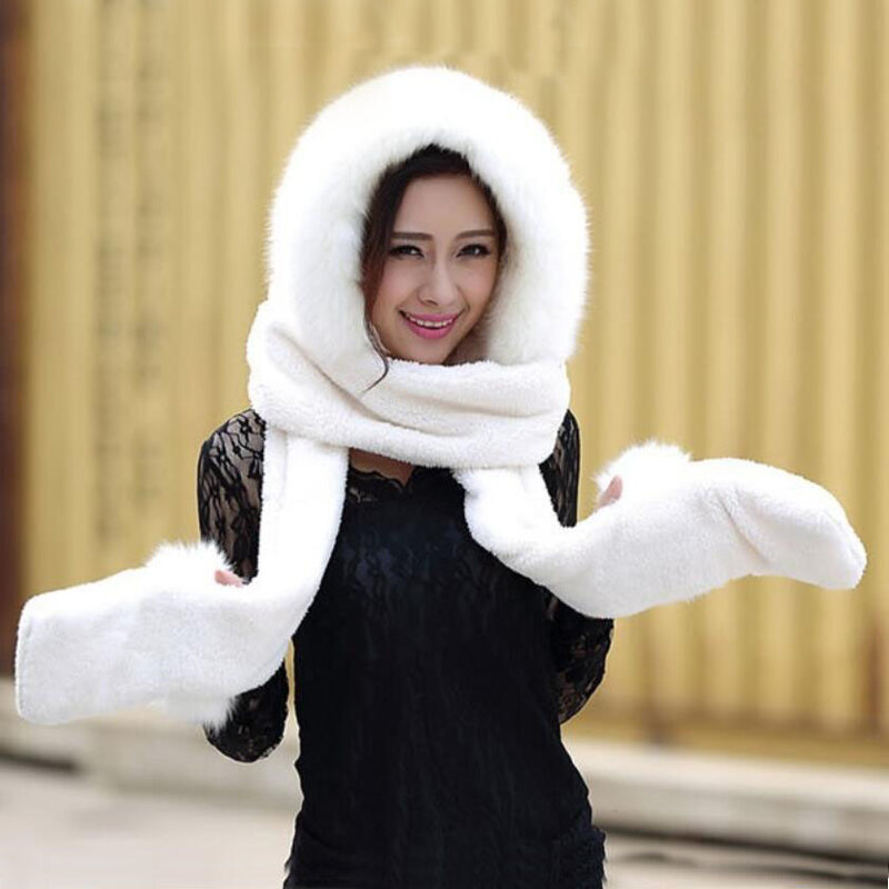최신 여성 겨울 따뜻한 부드러운 플러시 인조 모피 후드 모자, 스카프 장갑, 여아용 두꺼운 캐시미어 모자, 스카프와 장갑 세트, 인기 판매