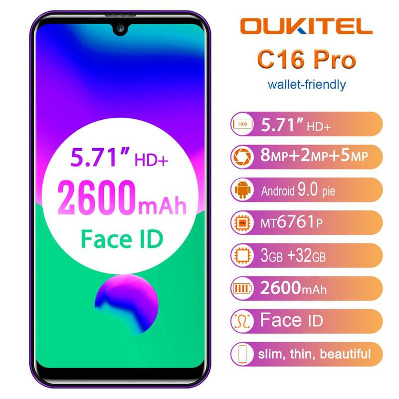 Tela OUKITEL C16 PRO 5.71HD + Waterdrop MT6761P 4G Smartphone Quad Core 3GB 32GB Android 9.0 Torta face ID Telefone Móvel