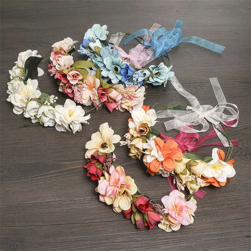 Diadema de corona de flores molanas para mujer, flor de algodón multicolor, hojas de plástico, Aro para el pelo para fotografía