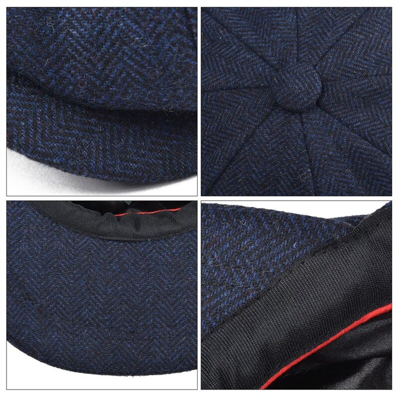 BOTVELA-Boné de lã Tweed Herringbone para homens e mulheres, chapéu de jornaleiro, painel 8 quartos, tampas planas Cabbie, chapéu boina motorista, azul marinho