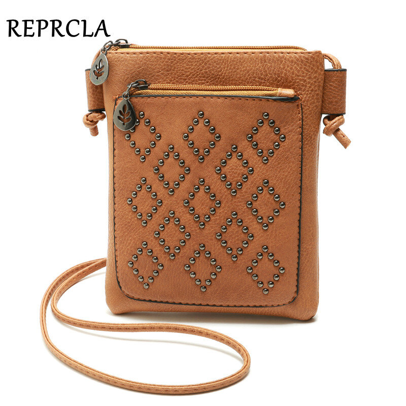 REPRCLA Small Shoulder Bag Vintage Rivet Women Messenger Bags for Phone PU Leather Mini Crossbody Bags High Quality Handbag