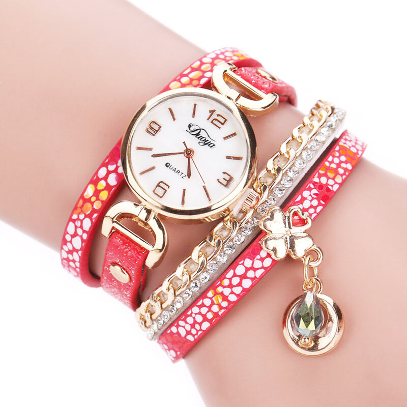 女性のクリスタルラインストーンヒョウ革チェーンラップブレスレット腕時計