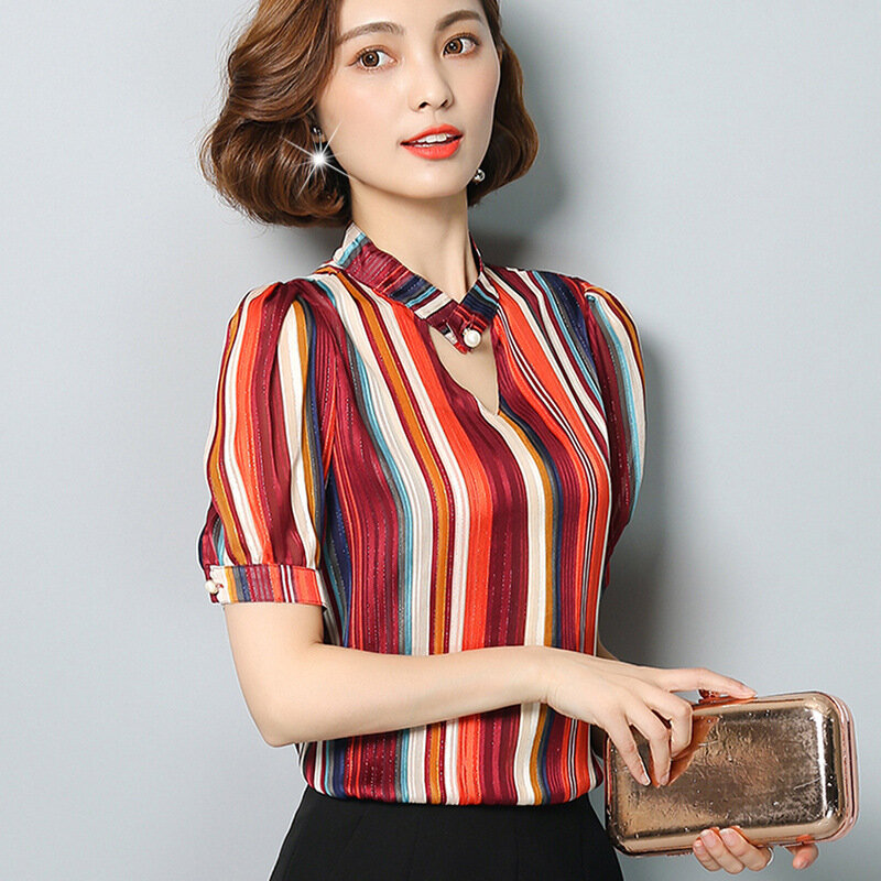 縦ストライプ女性シャツ半袖夏新ルースブラウス韓国の V 襟シフォンオフィスの女性のカジュアルなトップの服 h9027