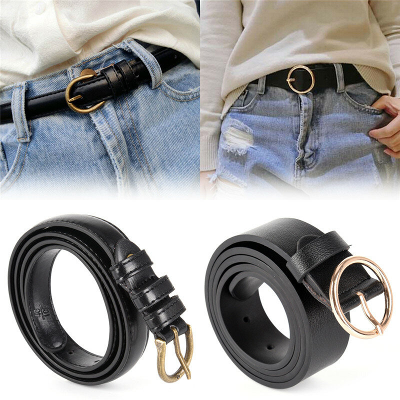 Cinturón de cuero marrón y negro para mujer, hebilla redonda dorada, cinturón salvaje de ocio para jeans, sin pin, hebilla de metal