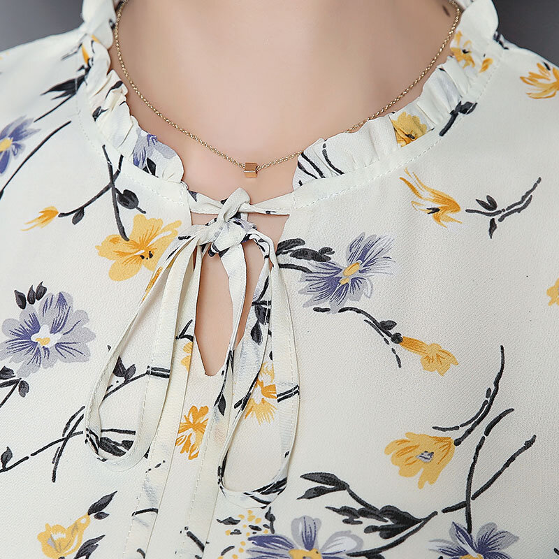 패션 프린트 쉬폰 블라우스 반소매 한국 스타일 느슨한 얇은 플레어 소매 셔츠 여성용, 캐주얼 상의 의류 H9033
