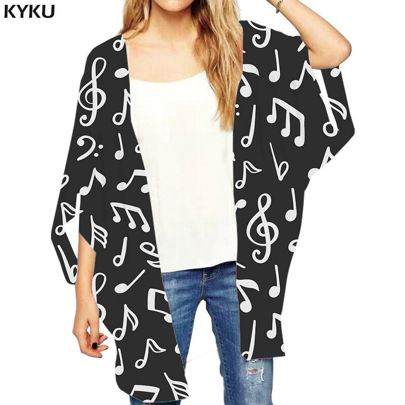 KYKU-Kimono suelto de música para mujer, blusa de punto abierto, chal negro, Harajuku, camisas góticas, ropa para mujer
