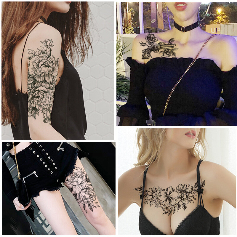 Pegatina de tatuaje temporal a prueba de agua, patrón de rosa de loto, transferencia de agua debajo del pecho, hombro, flor, arte corporal, tatuaje falso