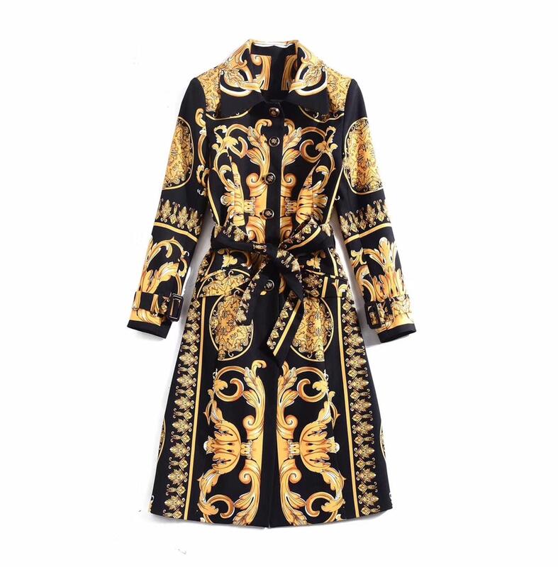 Trench coat com estampa vintage para mulheres, manga longa, botões finos, roupas européias e americanas, novo, inverno, 2024