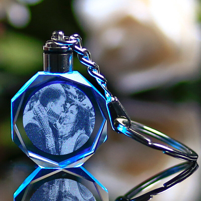 Llavero con marco LED para boda, llavero de cristal colorido con foto personalizada, registro de memoria familiar, fotos de bebé