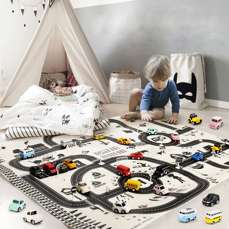 Alfombra de juego portátil para niños, tapete de 130x100CM con mapa de carretera de tráfico, juego educativo, Alfombra de carretera, accesorios para coche
